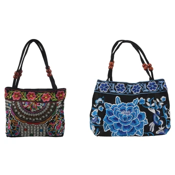 2x Женская сумка с вышивкой в этническом стиле, летняя мода, цветы ручной работы, женские сумки через плечо (цветы и синий пион)