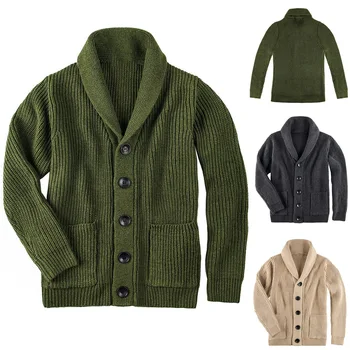 Армейский зеленый кардиган, свитер, мужской приталенный свитер с воротником-шалью, пальто, модный мужской вязаный шерстяной кардиган на пуговицах с карманами