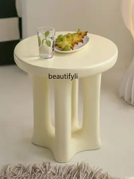 Круглый Маленький журнальный столик с заварным кремом, легкий, роскошный, Кремовый, простой маленький столик, мини-столик