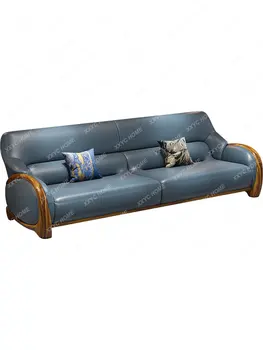 Новая комбинация кожаных диванов в китайском стиле Для гостиной на вилле высокого класса, первый слой натуральной кожи, Легкая роскошная мебель для диванов из массива дерева