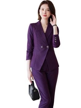 Осенне-зимний Фиолетовый Синий Черный Женский брючный костюм, женская деловая рабочая одежда, полосатый пиджак и брючный блейзер, комплект из 2 предметов